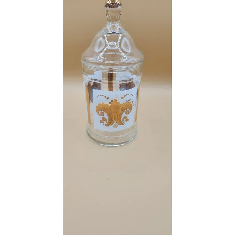 Libbey Mid Century Apothecary Glass Jar Gold Metallic Wheat Stalks